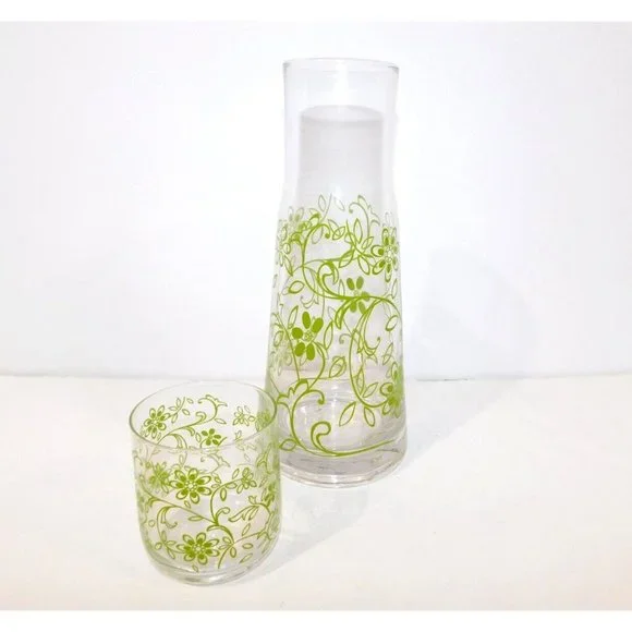 Vintage MCM Bedside Water Carafe and Cup Glass Tumbler  Set Green Clear Retro - Picture 5 of 10